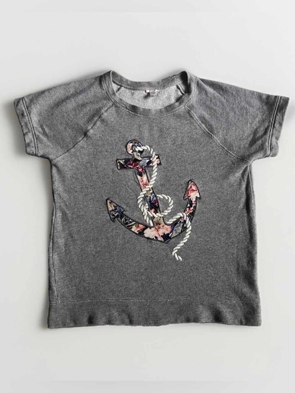 J. Crew Nautical Gray Short Sleeve Sweatshirt with Floral Anchor and Rope